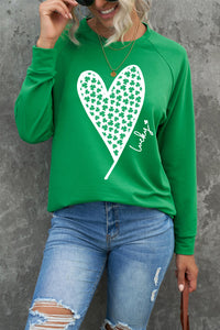 Green Lucky Clover Heart Graphic Raglan Sleeve Sweatshirt