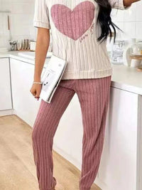 Women's new style pajamas set heart pattern short sleeve shirt trousers two-piece simple and lovely casual home wear