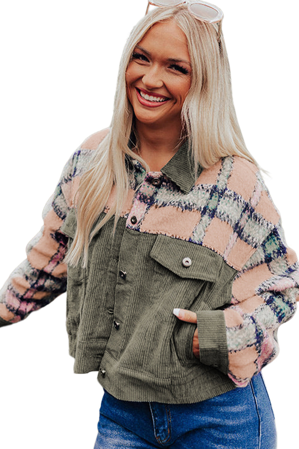 Green Plaid Corduroy Flap Pockets Boxy Chunky Jacket