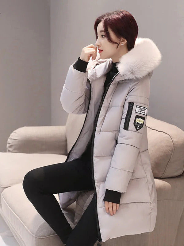 Women Winter Black Fur Collar Hooded Parka Fashion Letter Patch Zipper Pockets Long Jacket Elegant Slim Warm Thick Female Coats