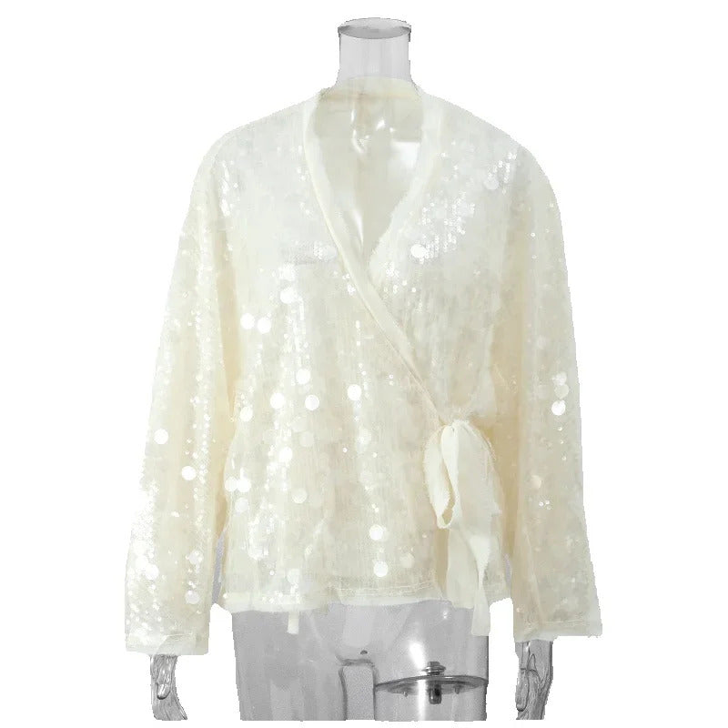 Elegant White Sequins Patchwork Lace-up Shirt For Women Long Sleeve V-neck Loose Short Coats Autumn Winter Street Partywear