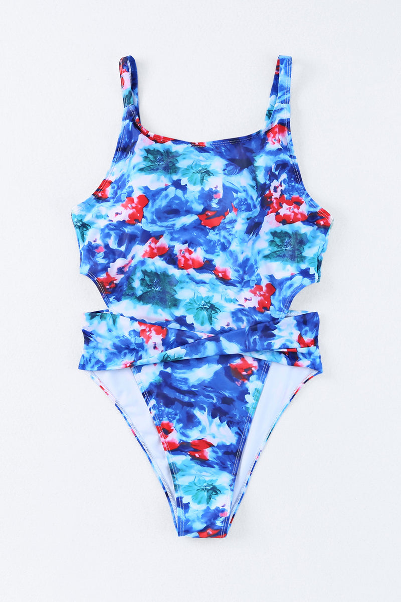 Sky Blue Tie Dye Floral One Piece Swimsuit