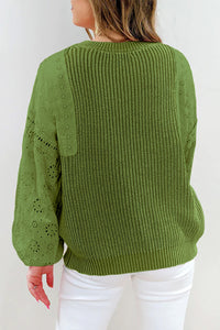 Green Eyelet Drop Shoulder Patchwork Pullover Sweater