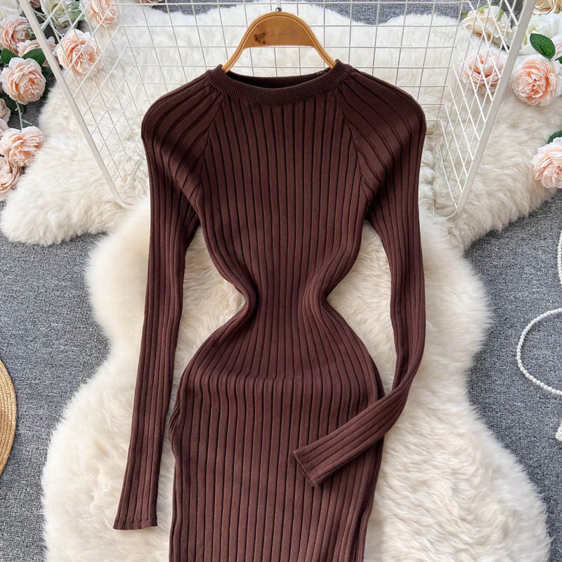 SINGREINY Winter Women Knit Maxi Dress O Neck Autumn Long Sleeve Slim Solid Harajuku Ladies Fashion Pencil Sweater Long Dresses