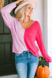 Khaki Long Sleeve V-Neck Colorblock Sweater