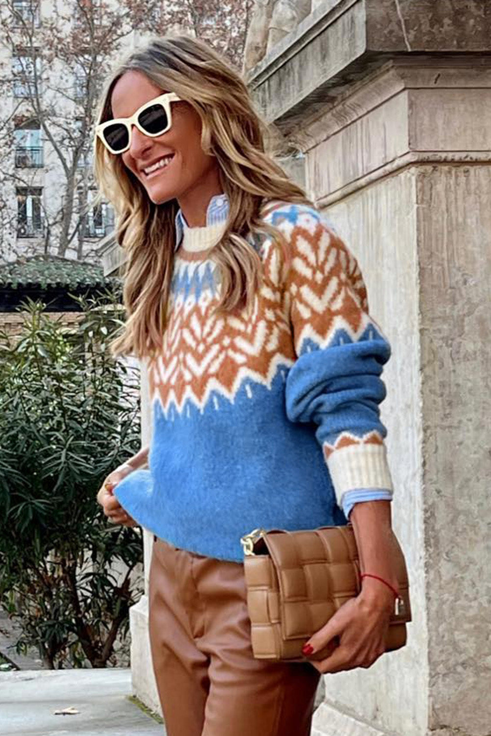 Blue Geometric Print Ribbed Trim Sweater