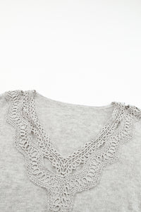 Gray Plus Size Hollowed Lace Splicing V Neck Sweater