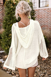 White Open Knit Long Sleeve Pocketed Hooded Sweater