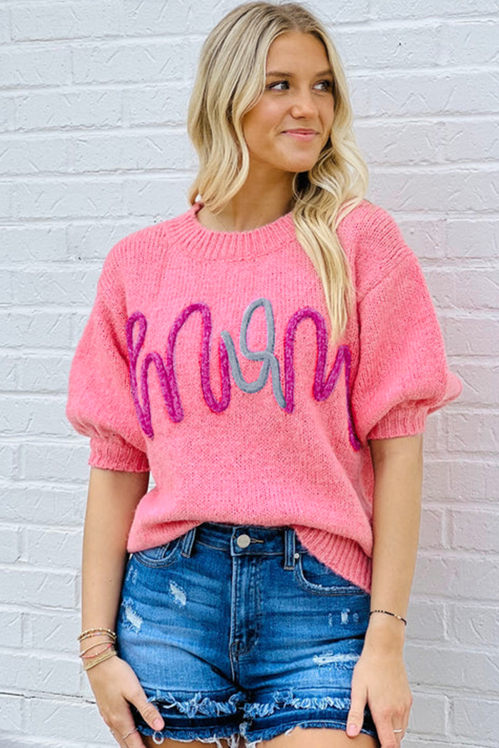 Bonbon Mom Tinsel Front Short Sleeve Sweater