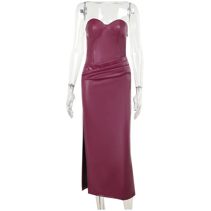 Sexy Pu Leather Maxi Dresses Women Burgundy Sleeveless Backless Hip Package Split Strapless Dress Female 2024 Lady Party Robes