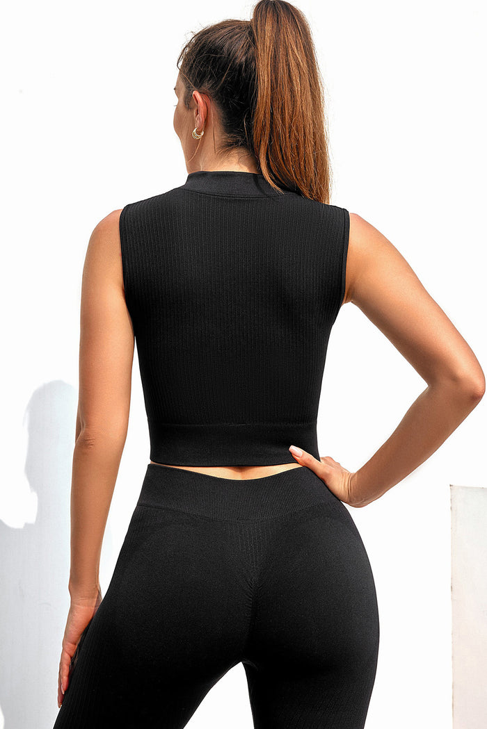 Black Solid Color Zip up Sleeveless Active Crop Top