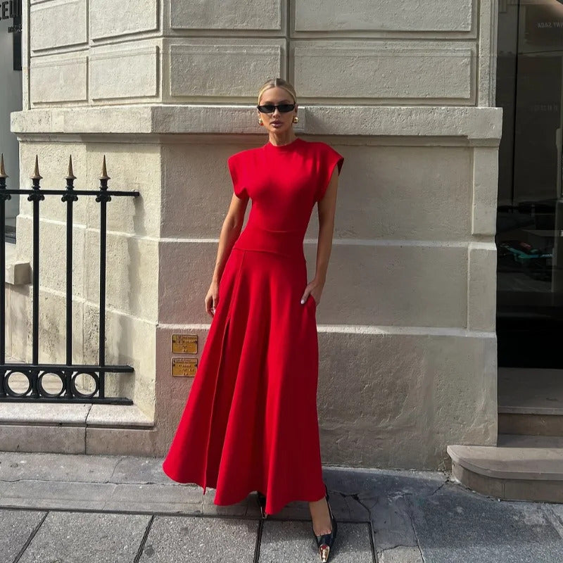 Chic Shoulder Pad Round Neck Solid Maxi Dress Women Elegant Sleeveless A-line Long Dresses 2024 Lady Fashion High Street Robes