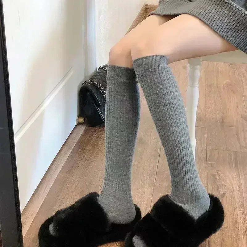 Women Soft Wool Long Socks Autumn Winter Cashmere Solid Knitted Stocking Skinny Casual Knee High Fluffy Warm Thicken Girls Socks