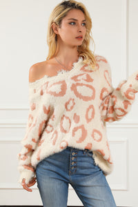 Leopard Animal Print Distressed Trim Fuzzy Sweater