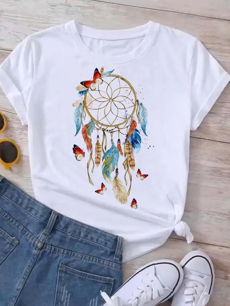 Feather Dreamcatcher Women Fashion T Shirt Harajuku Graphic Tees Shirt Femme Dream Catcher Women's T-shirt Clothes Tops