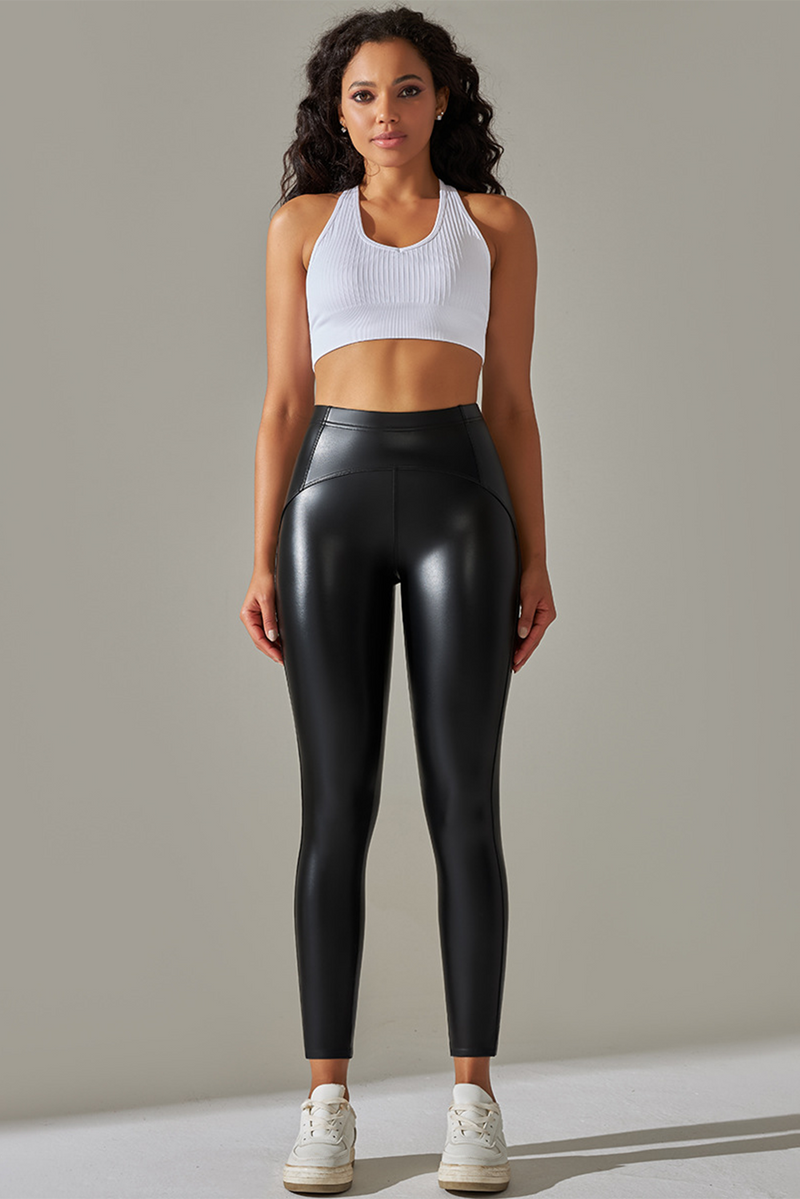 Black High Waist Faux Leather Elastic Leggings