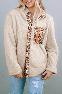 Apricot Leopard Patched Zipped Pocket Fleece Jacket