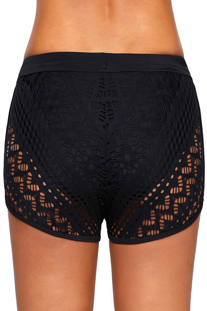 Black Hollow Out Lace Overlay Swim Short Bottom