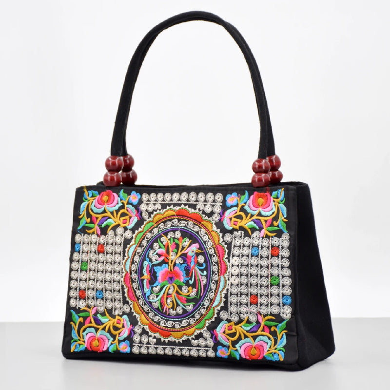 Embroidered Canvas Women's Top Handle Bag: Double Layered with Zippered Compartments, Perfect for Work and Play