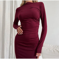 2024 Fashion Burgundy Skinny O-neck Midi Dress For Women Elegant Long Sleeved Back Split Vestidos New Female Party Evening Robes