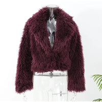 Wine Red Fluffy Faux Fur Short Coat Women Elegant Full Sleeve Warm Lapel Jacket New Winter Woman Commuter Outerwear 2024