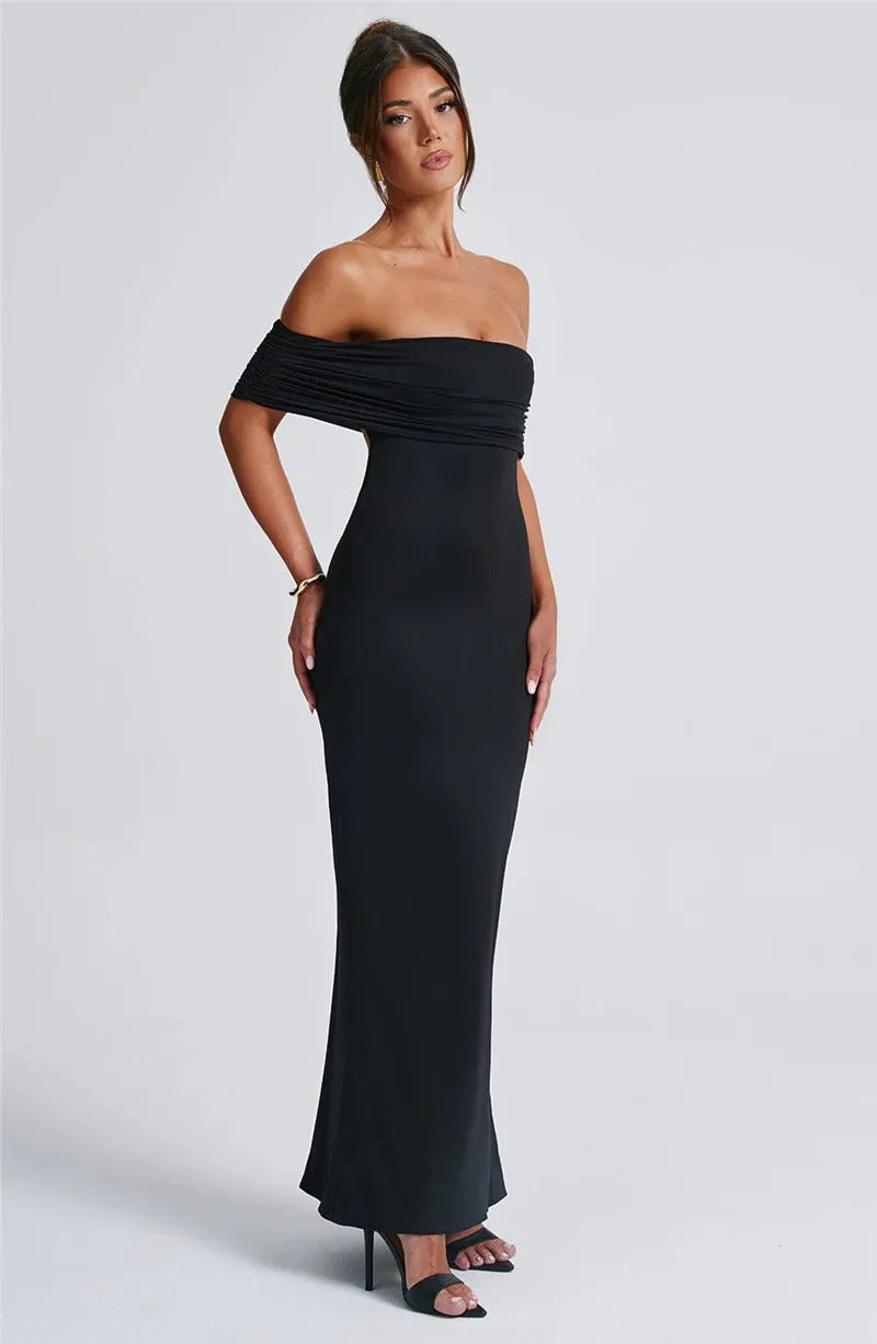 Mozision Strapless Backless Sexy Maxi Dress For Women Black Solid Off-shoulder Sleeveless Bodycon Club Party Long Dress Elegant