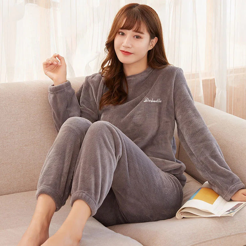 New Autumn Winter Pajamas Warm Coral Fleece Women Cozy Loose Set Top Homewear Long-sleeved lax 2 Piece Solid color Warm Pyjamas