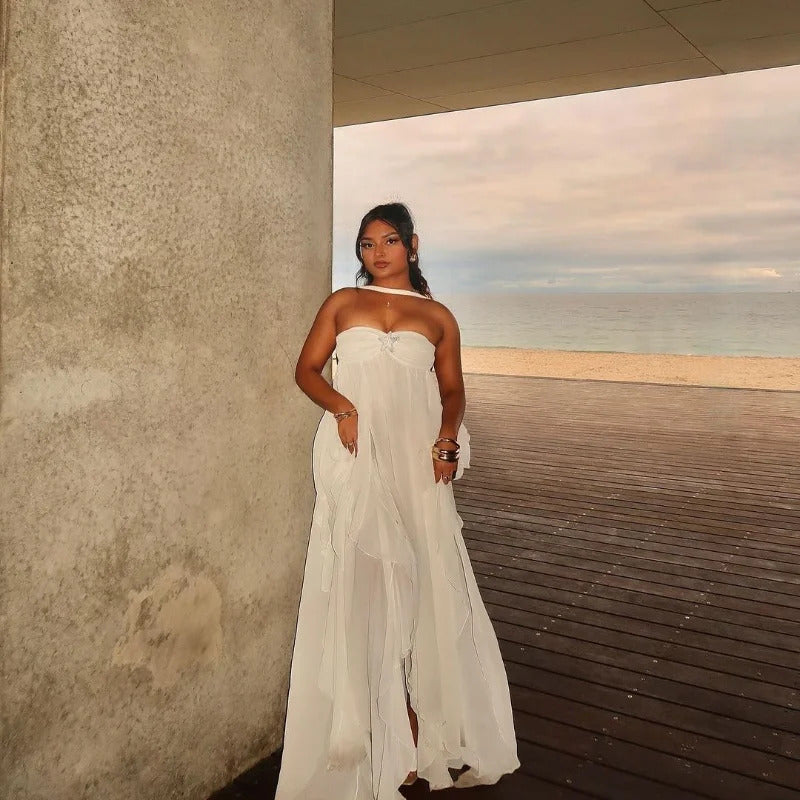 Chic Ruffles Long Robes With Scarf Collar Women Elegant High Slit Off Shoulder Backless Midi Dresses Ladies White Wedding Dress