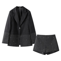 Elegant Rhinestone Jacket Sets Women Shinny Black Lapel Long Sleeve Button Jackets Mini High Waist Shorts Fashion Party Outwear