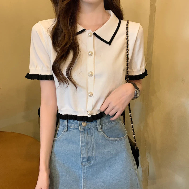 Sweet Women Shirt Korean Knitted Turn Down Collar Chic Short Sleeve Female Blouse Summer Retro Slim All Match Ladies Crop Tops