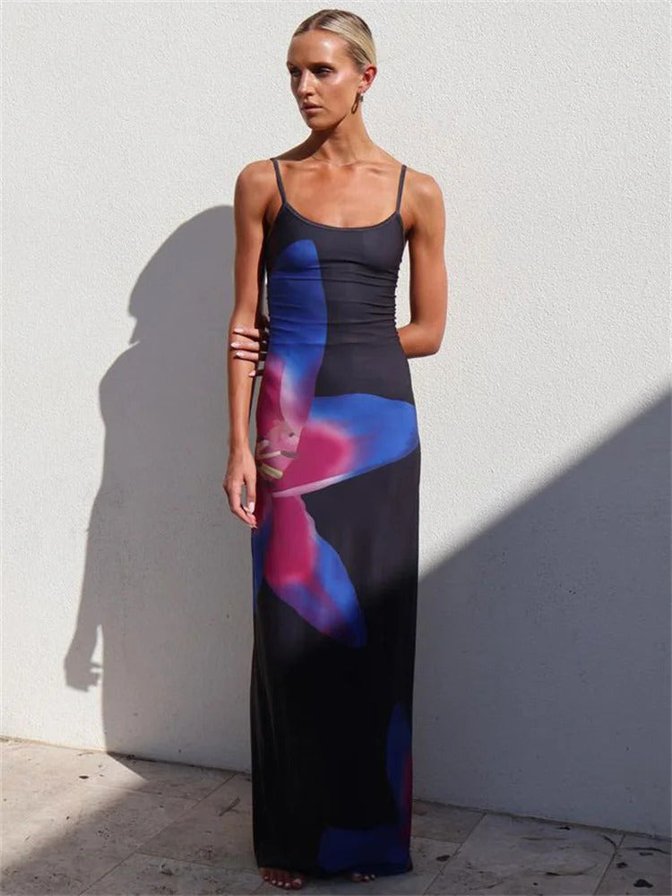 Tossy Printed Spaghetti Hot Backless Maxi Dress Women Fashion Slim Elegant Contrast Patchwork Halter Dresses Autumn Long Dress