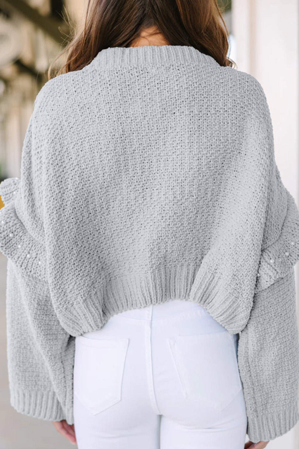 Gray Pearl Embellished Ruffle Wide Sleeve Sweater