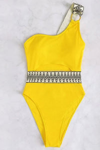 Yellow Contrast Trim Cut out One Shoulder One Piece Swimsuit