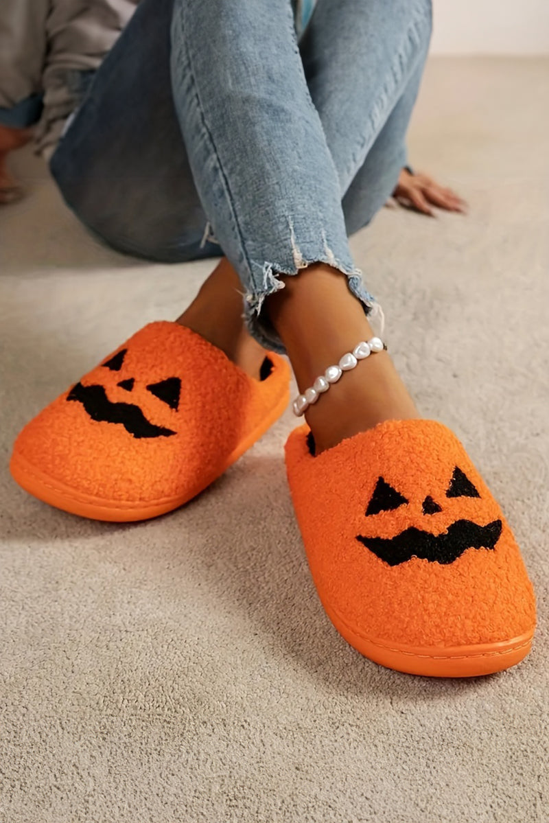 Orange Halloween Pumpkin Face Graphic Plush Slippers