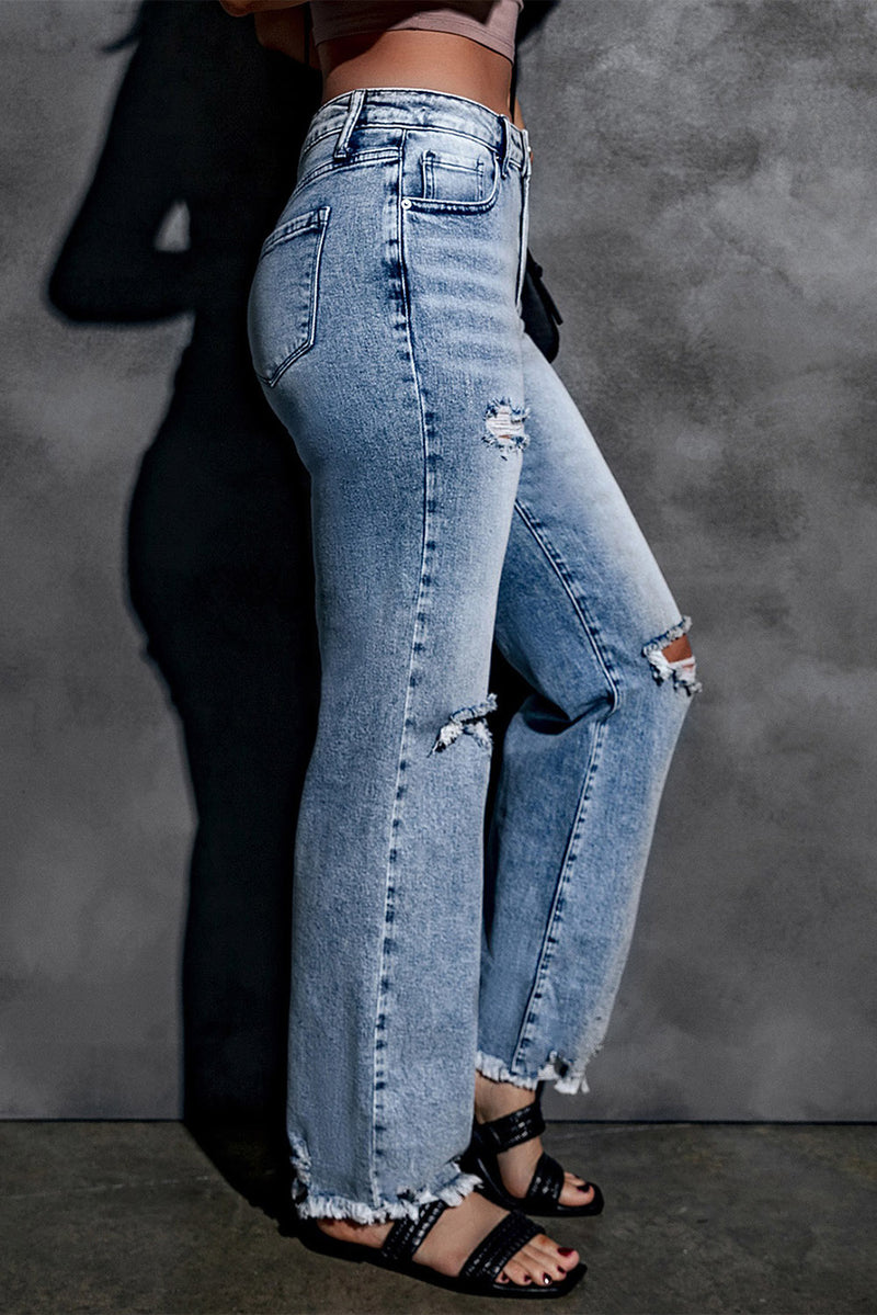 Sky Blue Washed Ripped Wide Leg High Waist Jeans