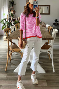 Pink Contrast Trimmed Striped Drop Shoulder Sweater