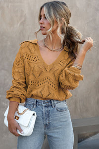 Khaki Hollowed Pattern Knit V Neck Collared Sweater