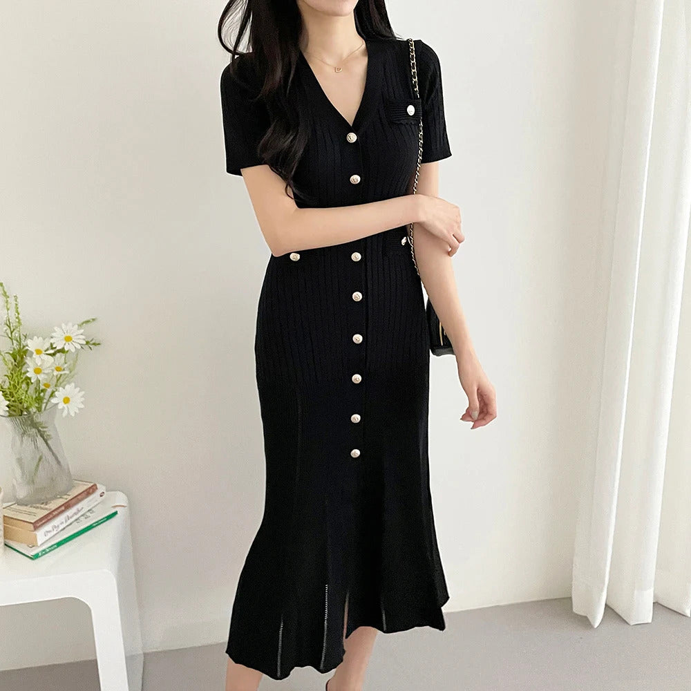 Summer Midi Dress Women Knitted Black Bodycon Korea Style Ruffle Ladies Dresses Elegant Fashion Casual Woman Dress 2024