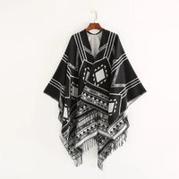 Cloak Poncho Capes 2024 New Indian Nepalese Style Geometric Tassel Split Women Shawl Warm Air Conditioning Room Lady Blue