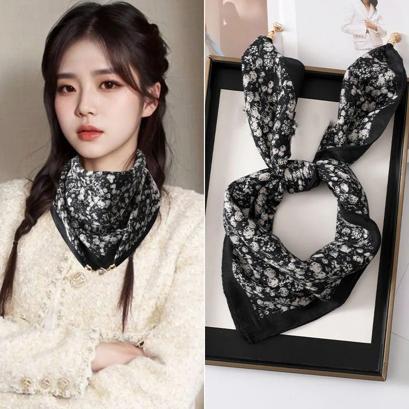 2025 new magnetic buckle silk scarf for women's small square scarf for autumn and winter warmth and cold resistance, fashionabl