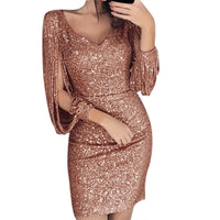 Women Long Shining Mini Sequined Sleeved Stitching Solid Sexy Dress Club Vestidos Para Mujer Casual Formal Graduation Pretty