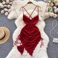 Hot Sexy V-Neck Cross Strap Dress Lace Patchwork Irregular Pleated Nightwear Women's Erotic Lingerie Backless Sleeveless Pajamas