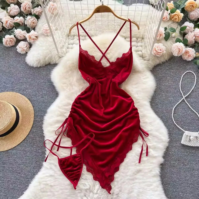 Hot Sexy V-Neck Cross Strap Dress Lace Patchwork Irregular Pleated Nightwear Women's Erotic Lingerie Backless Sleeveless Pajamas