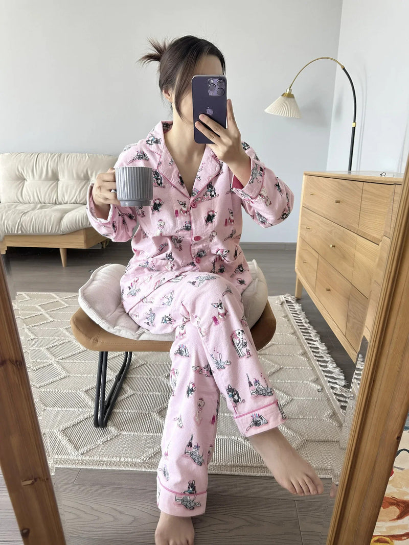 100% Cotton Pajamas for Women Loose Cartoon Long Sleeve Pants Loungewear Women 2 Piece Set Pj Women Outfit Sleepwear Set Pijamas