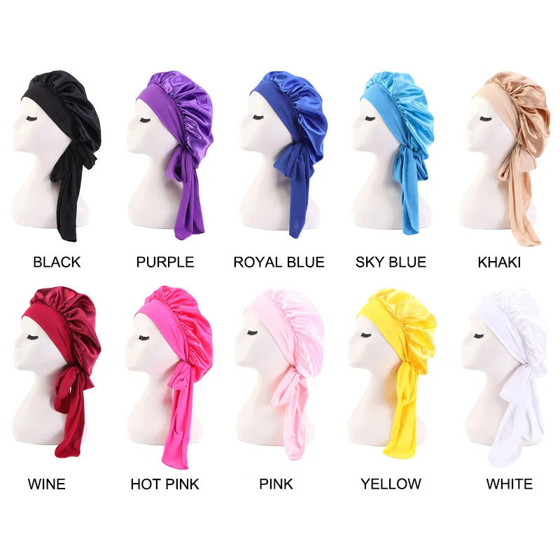 New Satin Sleeping Cap For Women Solid Wide Band Stretch Head Tie Silky Bonnet Edge Wrap Nightcap Hair Care Shower Head Cover