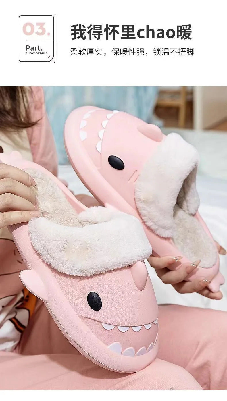 Winter Women Shark Slippers Couple Removable Liner Indoor Warm Cute Shark Slides Plush Cotton Flip Flops Home Indoor Cotton Shoe