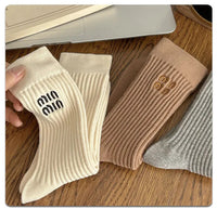 Stockings Socks Embroidered Letter Women's High Barrel Striped Double Needle Stacked Socks Birthday Gift