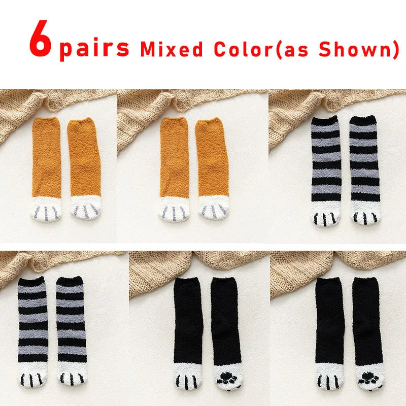 6 pairs Woman socks Set Cartoon Cute 3D Dog Cat Paw Pattern Winter Female Fleece Warm Home Floor Sleeping Thick Socks Wholesale