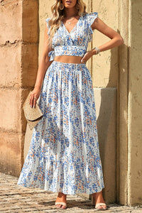 Women's Floral Ruffled Crop Top and Maxi Skirt Set for Fashionable and Fresh Style