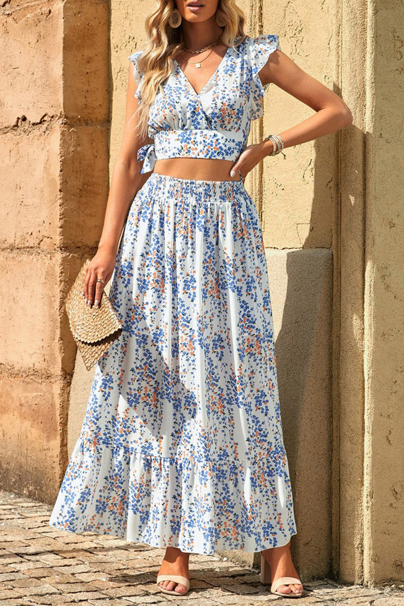 Women's Floral Ruffled Crop Top and Maxi Skirt Set for Fashionable and Fresh Style